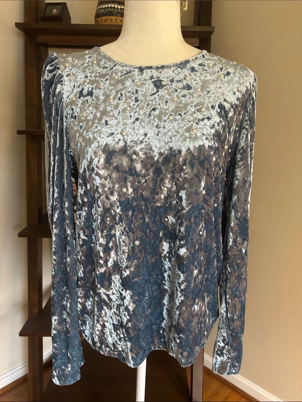 Vocal Crushed Velvet Long-Sleeve Top in Steel Blue with Pearl Accents